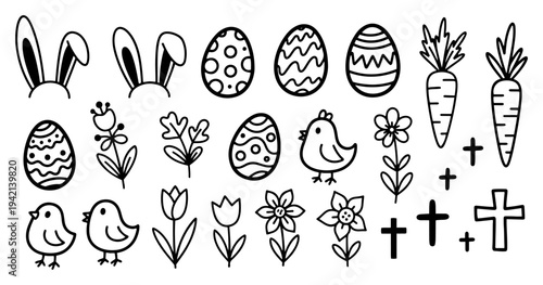 Set of hand drawn easter doodles with eggs chicks and flowers