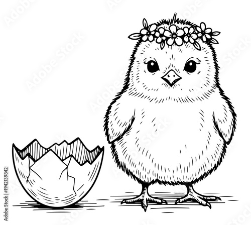 Cute fluffy easter chick with flower crown standing near cracked eggshell