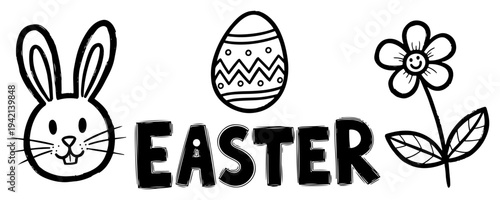 Hand drawn easter banner with bunny head egg flower and typography