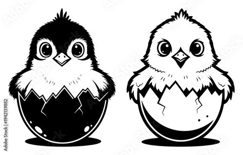 Cute cartoon baby chicks hatching from eggs in clean black and white line art