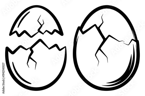 Two cracked eggshells in thick black line art representing birth or Easter