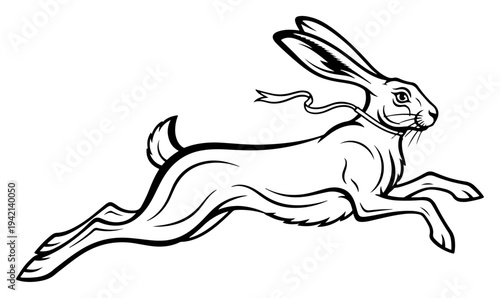 Dynamic running wild hare with a ribbon neck tie in clean black line art style