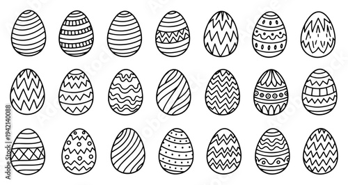 Large set of decorative easter eggs with various patterns line art