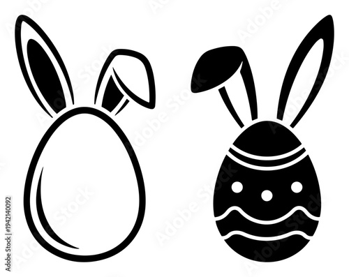 Two easter eggs wearing bunny rabbit ears black and outline icons