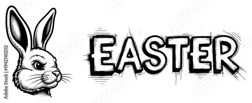Vintage sketch of rabbit head with grunge easter typography banner