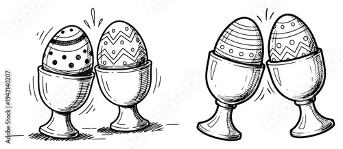 Two easter eggs in cups toasting and clinking like glasses