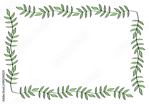 Hand drawn rectangular frame of branches and leaves from bushes and trees. Aesthetic border of evergreen plants. Ideal for decorating and framing flyers, greeting cards, covers, posters, invitations.