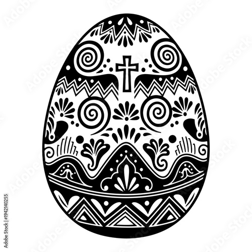 Intricate traditional Easter egg with religious cross and folk patterns in black silhouette
