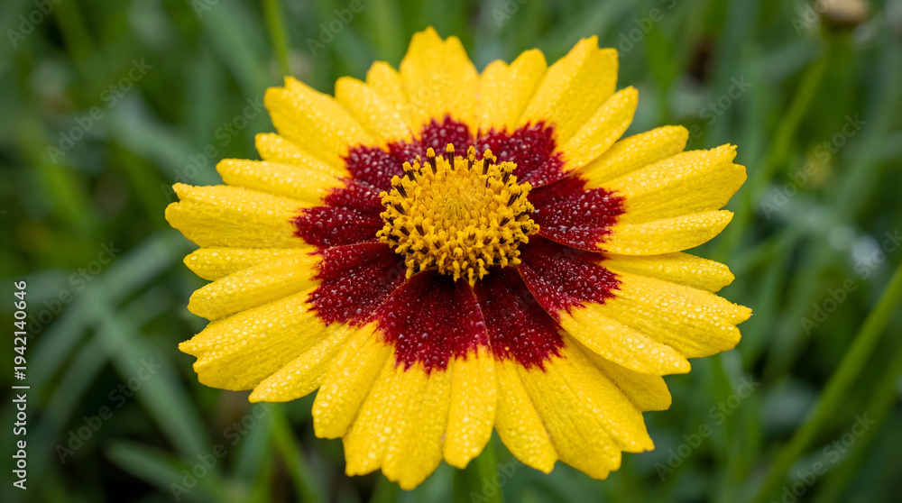 Obraz premium Vibrant Yellow and Red Flower with Water Droplets