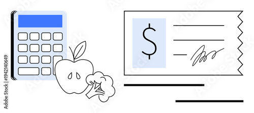 Personal finance, budgeting, nutrition planning, cost of living, savings strategy, financial health. Calculator, apple broccoli and receipt. Personal finance and budgeting concept