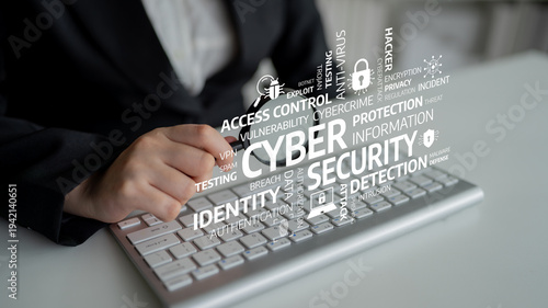 Fotografie A hand interacts with a computer keyboard overlaid with essential cybersecurity keywords