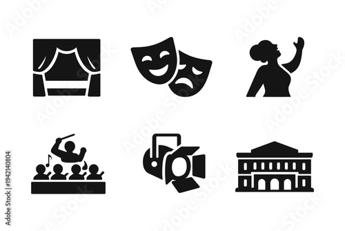 Theater and Opera Performance Icons Set - Stage, Drama Masks, Singer, Orchestra, Lighting and Opera House - Solid Black Vector Illustration