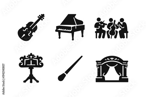 Classical Orchestra and Theater Performance Icons - Violin, Piano, Stage - Solid Black Icon Set Vector Illustration
