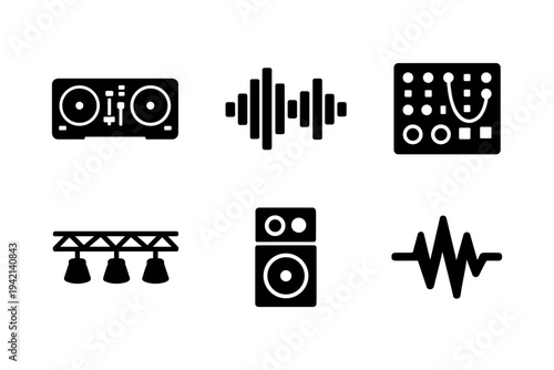 DJ and Audio Production Equipment Icons - Controller, Mixer, Speaker, Stage Lights and Sound Wave - Solid Black Vector Illustration