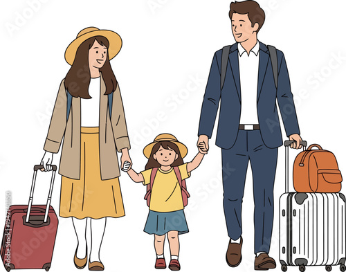 Family traveling together with suitcases and backpacks wearing casual clothing and hats on journey
