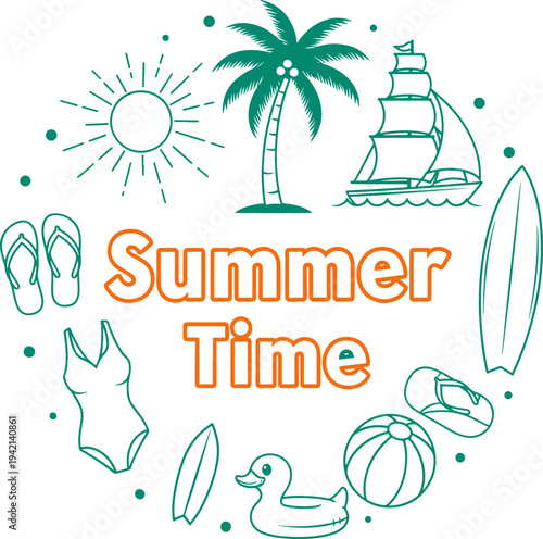 Summer time decorative elements like sun, palm tree, sailboat, surfboard, swim wear