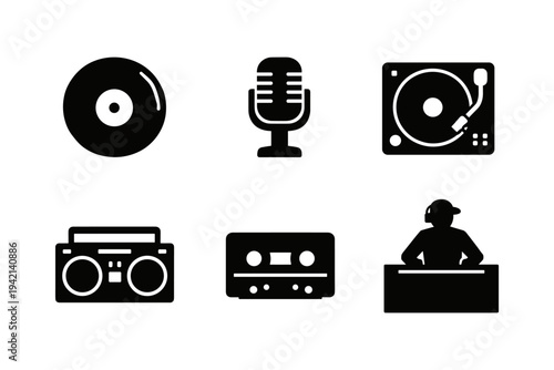 DJ and Music Culture Icons Set - Vinyl Record, Microphone, Turntable, Boombox, Cassette Tape and DJ Performer - Solid Black Vector Illustration