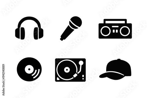 Music and DJ Culture Icons - Headphones, Microphone, Boombox, Vinyl Record, Turntable and Hip Hop Cap - Solid Black Vector Illustration
