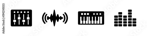 Audio studio music tools solid black icon set vector illustration