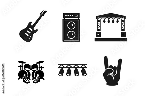 Rock concert icons solid black icon set vector illustration