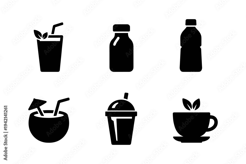Fototapeta premium Beverage icons solid black icon set vector illustration