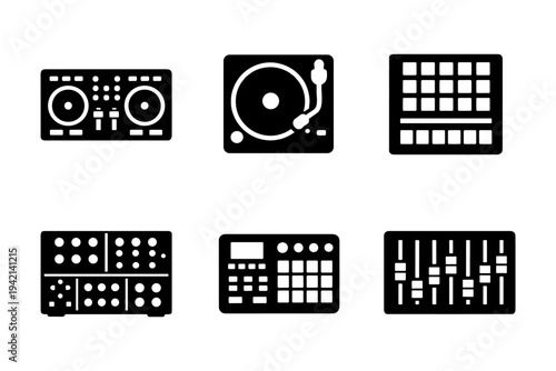 DJ controller icons solid black icon set vector illustration
