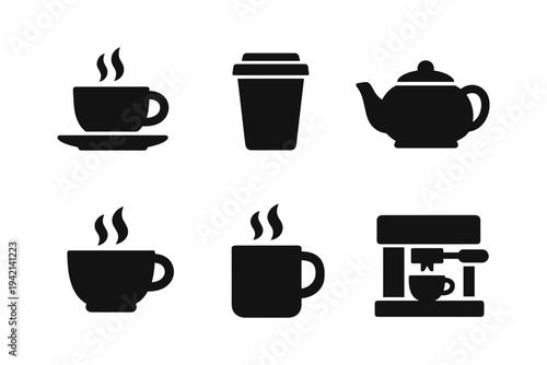 Coffee and tea drink icons solid black icon set vector illustration