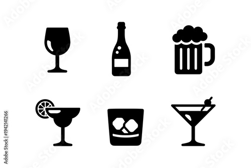 Alcohol drinks icons solid black icon set vector illustration
