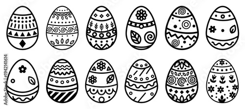 Easter eggs set with various floral and geometric ornaments in clean line art style
