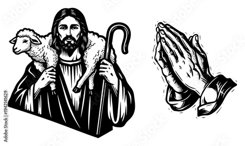 Jesus Christ as good shepherd and praying hands in vintage engraving style