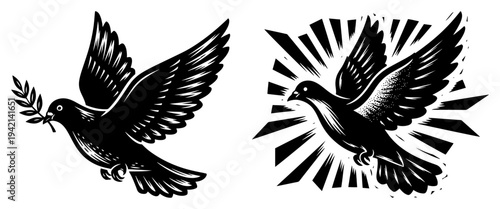 Peace dove with olive branch and holy spirit bird with sunbeams in vintage engraving style