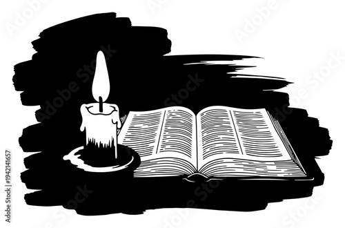 Burning candle and open holy book on dark background linocut style illustration