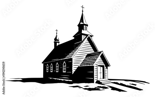 Wooden village church architecture in rural landscape woodcut style illustration