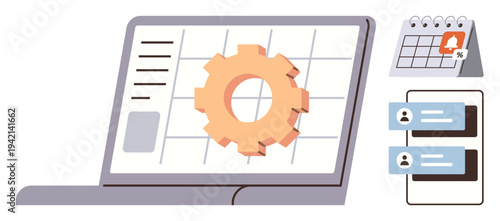 Project management, workflow planning, task scheduling, productivity tools, teamwork, automation. A laptop screen with a gear, calendar and notifications. Project management and workflow planning