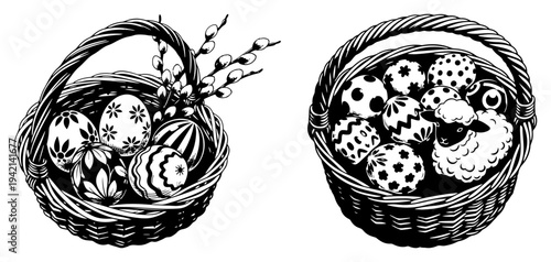 Traditional easter baskets with decorated eggs and lamb linocut style illustration