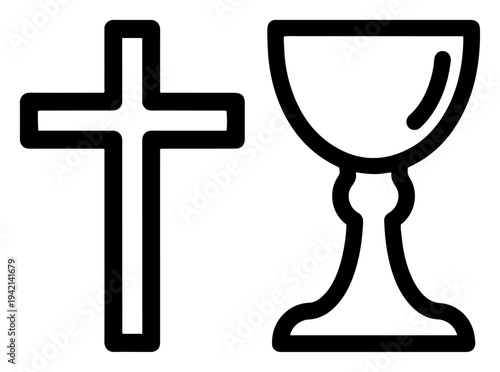 Christian cross and holy chalice icons in thick line art style