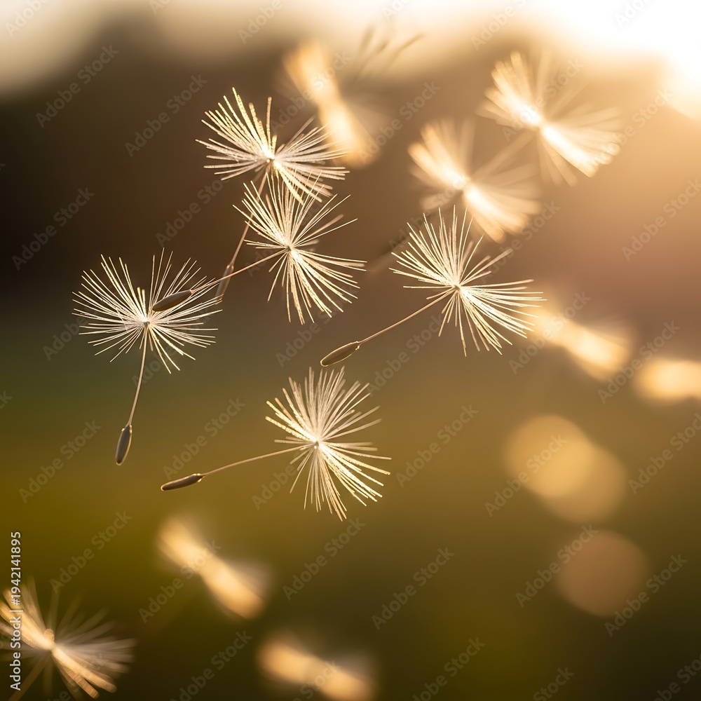 Obraz premium Dandelion seeds blowing in the wind.