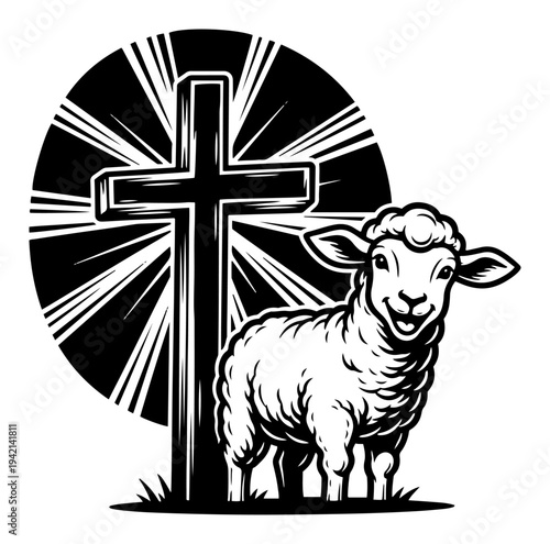 Lamb of god standing before christian cross with rays of light woodcut style