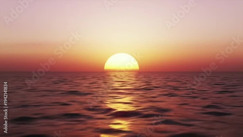 Tranquil ocean meets a glowing sun at sunset with vibrant hues.