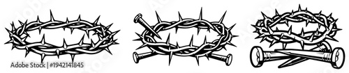 Crown of thorns and nails symbols for Good Friday in graphic line art style