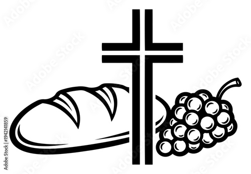 Bread loaf with christian cross and grapes in clean line art style