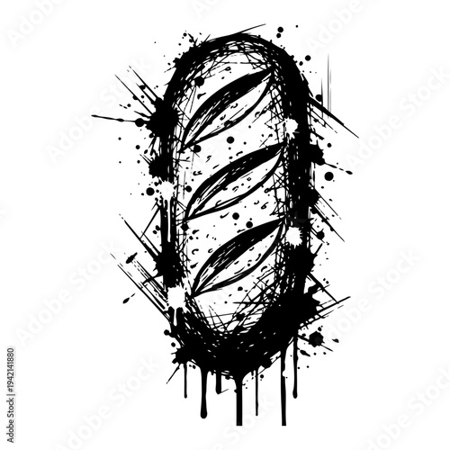 Loaf of bread drawn in messy ink splatter grunge style illustration