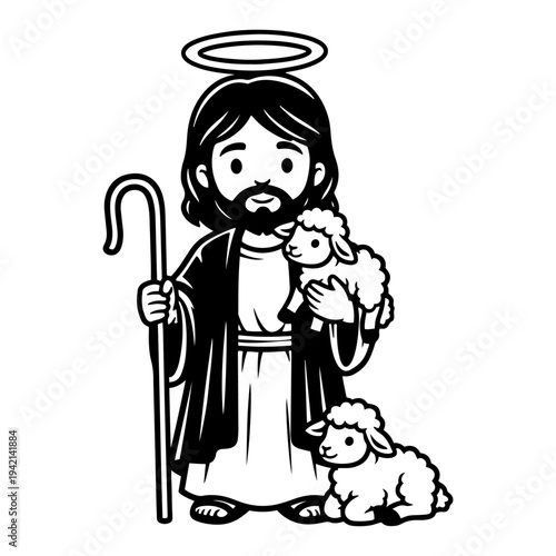 Jesus Christ as good shepherd with lambs and halo in cute cartoon style