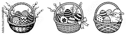 Easter baskets set with decorated eggs willow branches and lamb in detailed line art style