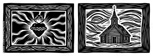 Sacred heart of Jesus and rural church scenes in traditional woodcut style