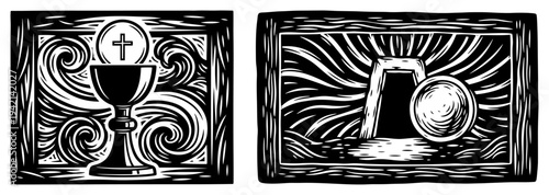Resurrection empty tomb and holy communion chalice in religious woodcut style