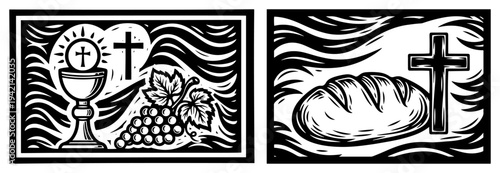 Holy communion elements with bread and cross in vintage engraving style