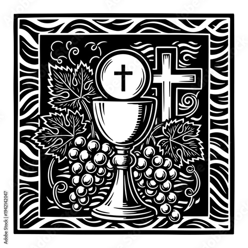 Holy Communion chalice with host and grapes in woodcut style