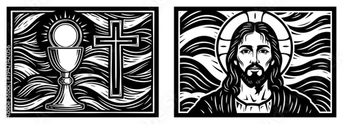 Jesus Christ portrait and Holy Communion chalice set in woodcut style