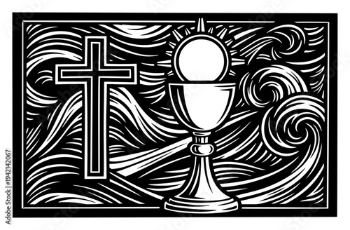 Christian cross and eucharistic chalice with glowing host in woodcut style